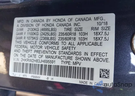 2018 Honda Cr-V Ex-L/Ex-L Navi from USA, damaged, VIN 2HKRW2H83JH695591
